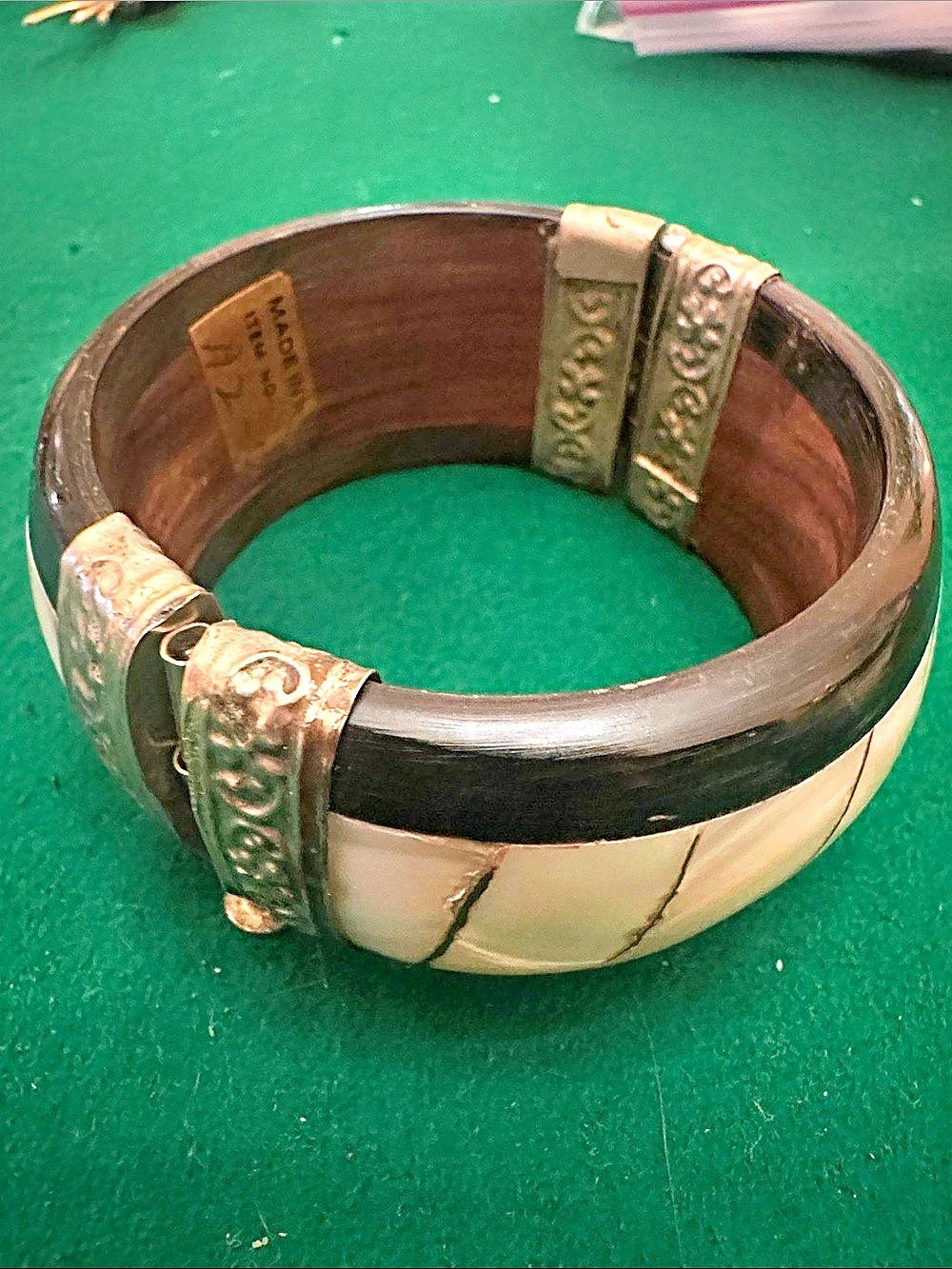 Vintage made in India bone, brass, and wood bracelet